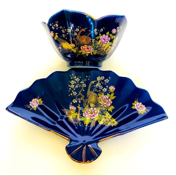 Antique Japanese Porcelain Fan Plate & Flowers Bowl Cobalt Blue. Collectible - Picture 4 of 8